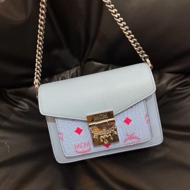 99新 MCM 大麦中古/mcm蓝色风琴包/斜挎腋下包