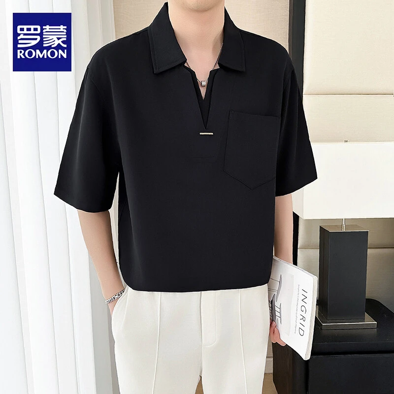 罗蒙简约男时尚夏季舒适中袖衬衫宽松休闲百搭韩版潮流设计感上衣