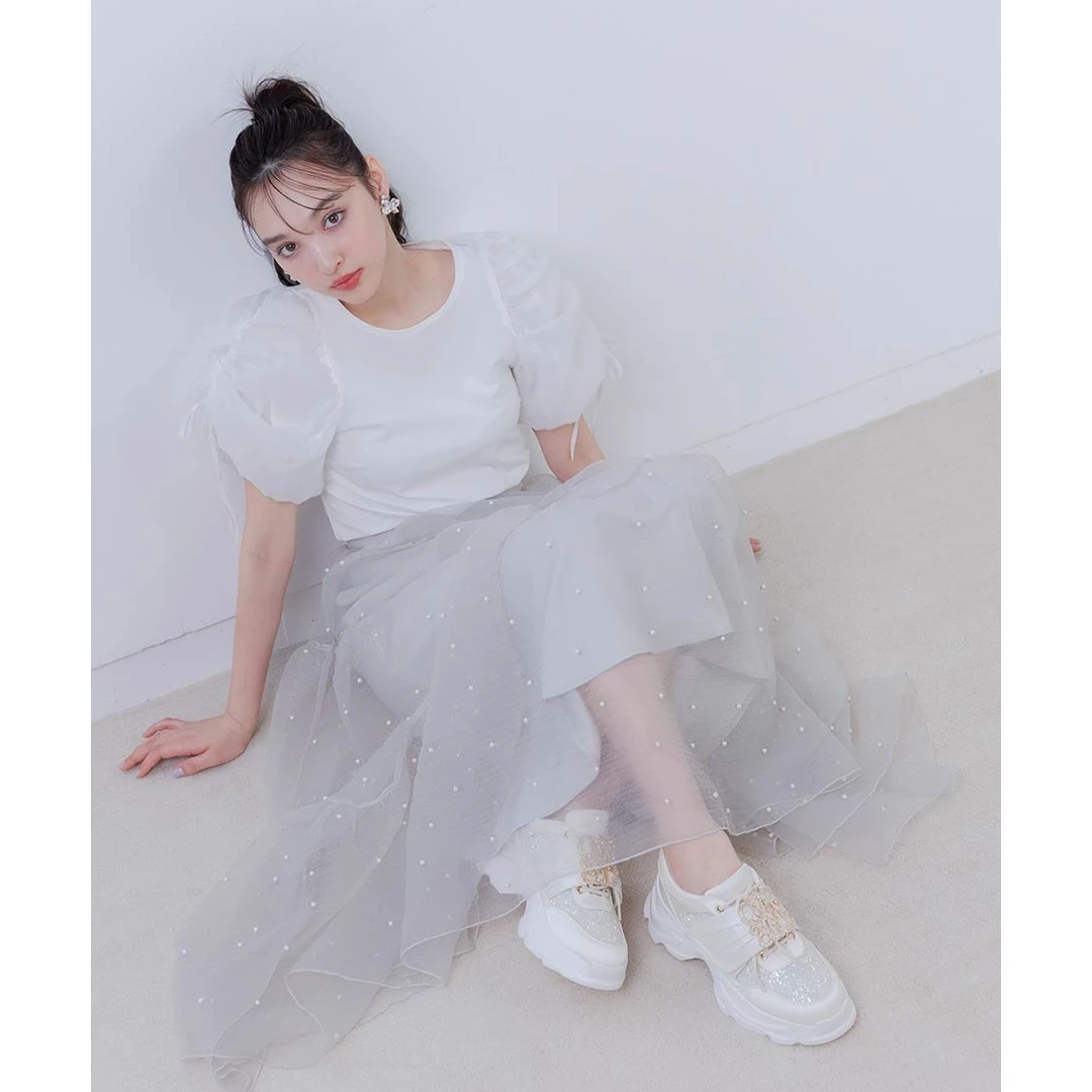 【DD外贸】夏季新款 R 温柔风百搭简约珍珠钉珠硬纱大摆半身裙