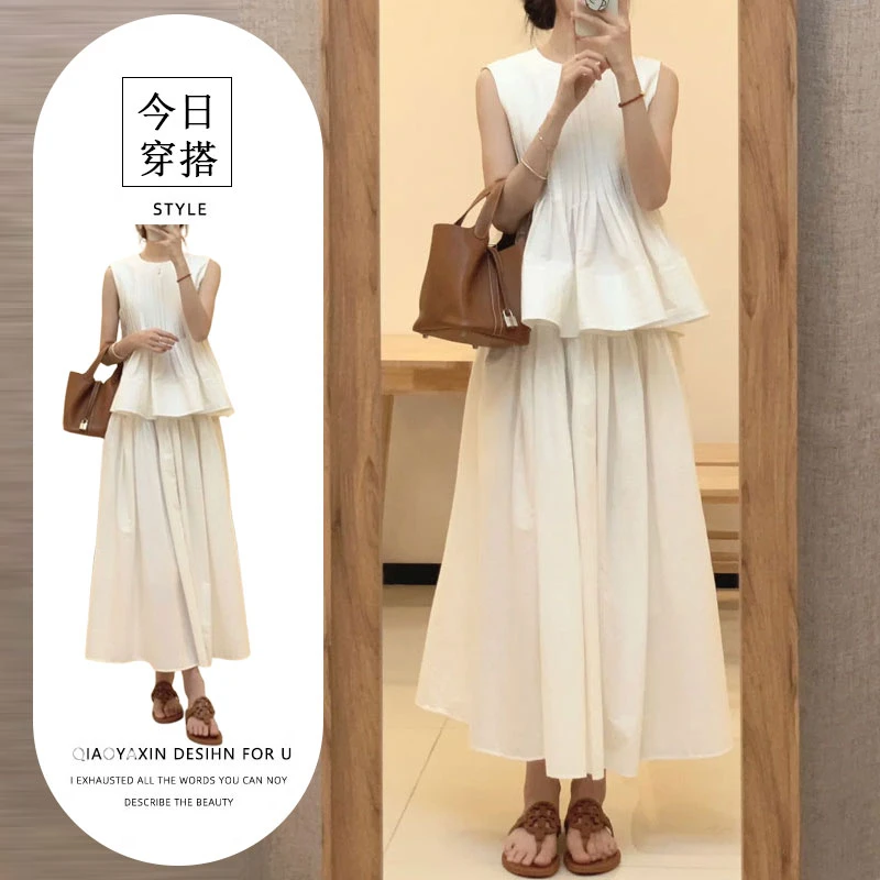 夏装穿搭一整套温柔风少女感独特别致无袖花苞上衣半身裙两件套装