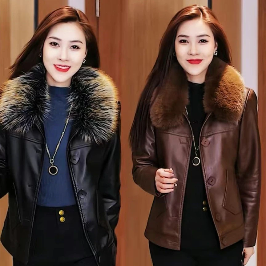 加绒加厚皮衣女2025秋冬新款洋气显高档中老年女装妈妈装