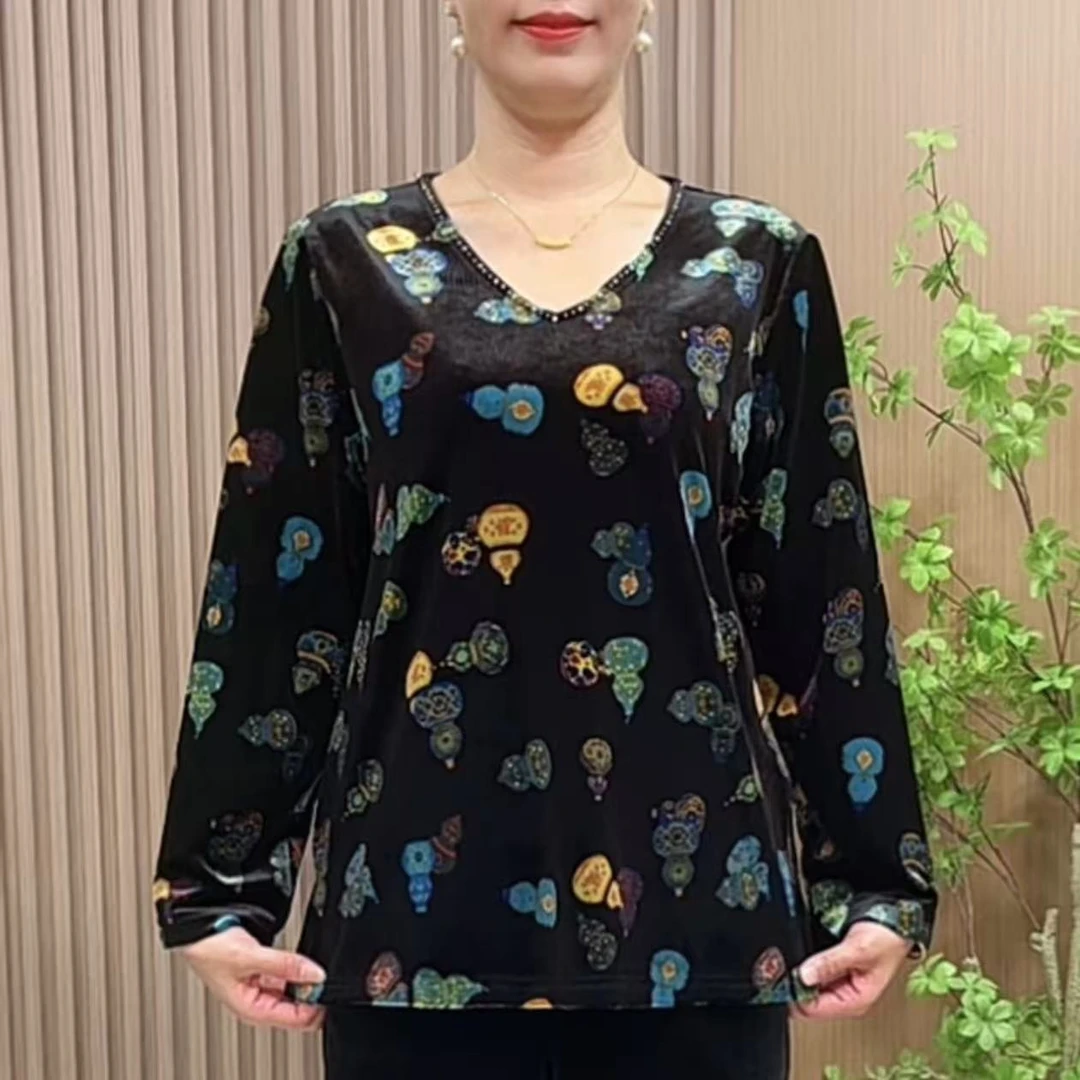 2568时尚打底衫气质新款中华老年妈妈装秋装洋气丝绒百搭V领小衫