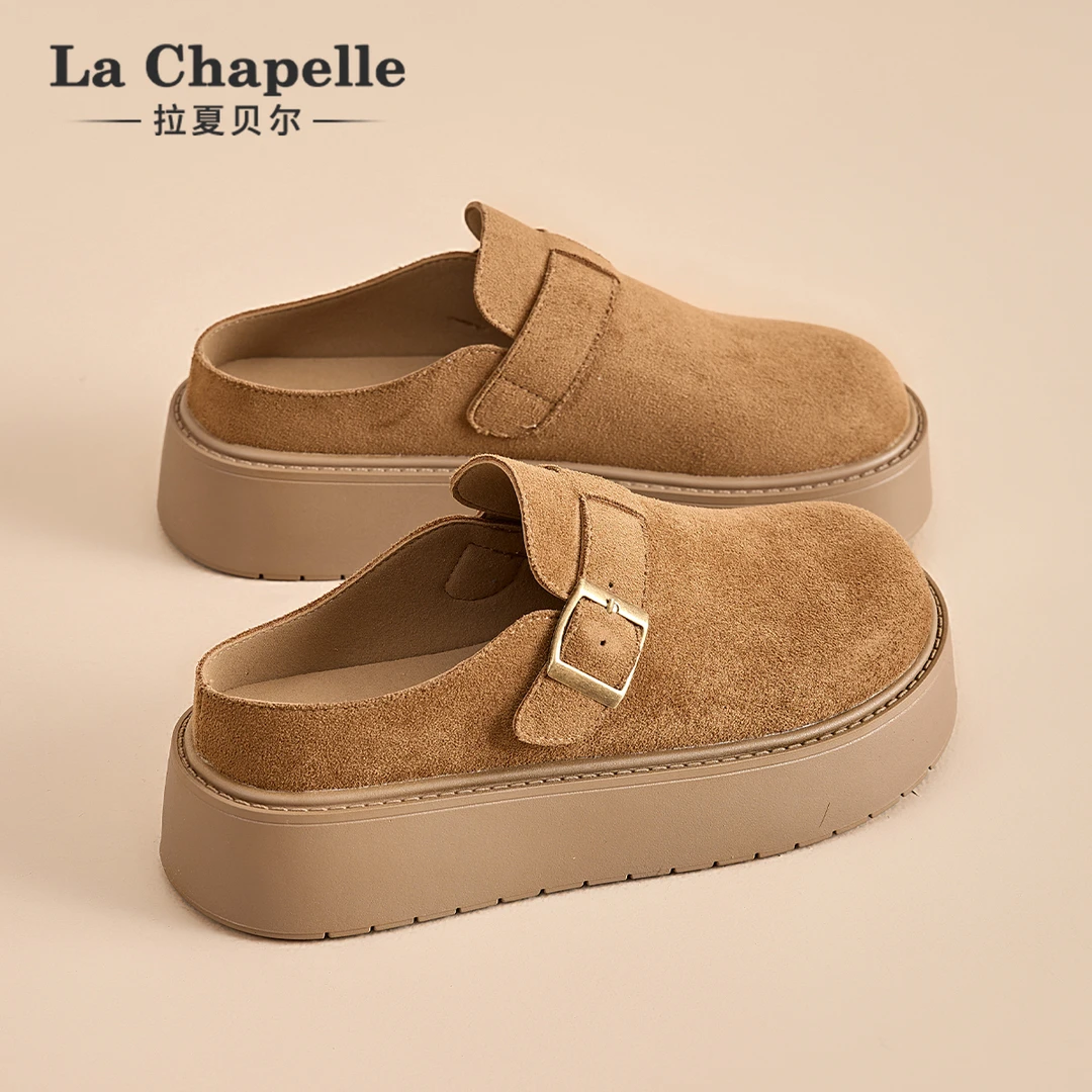 拉夏贝尔厚底包头勃肯鞋女2025冬季新款半拖鞋增高外穿懒人博肯鞋