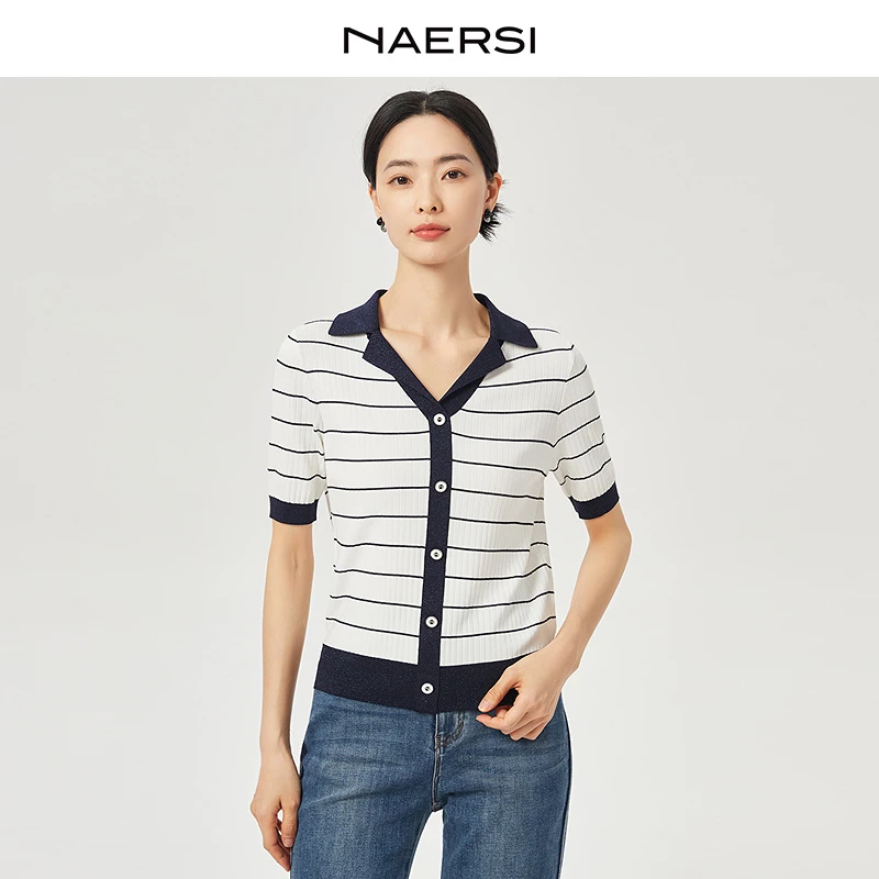 【岚岚专属】NAERSI/娜尔思新款女装短袖针织衫慵懒风上衣透气百搭