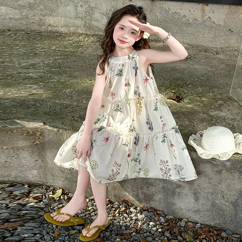 女童夏季连衣裙2025新款女大童碎花草帽夏天裙子儿童甜美风无袖裙