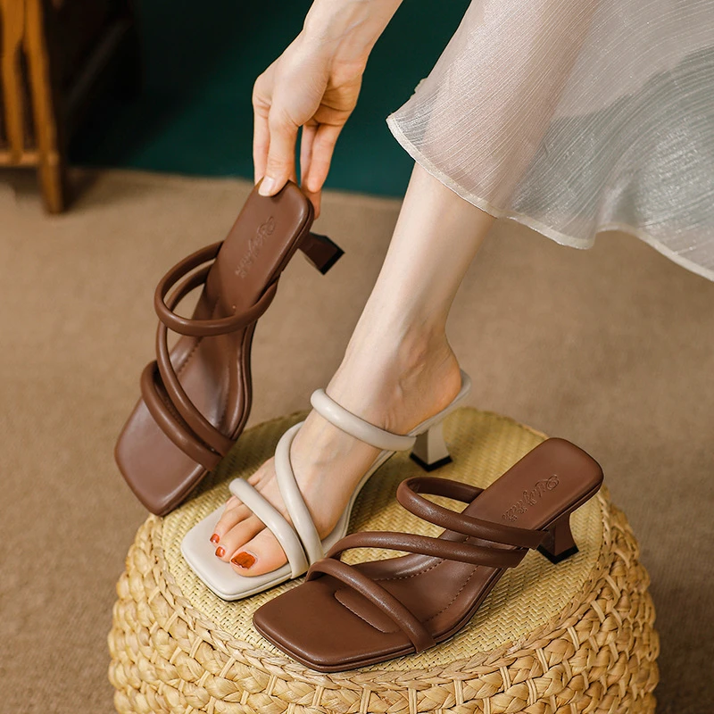 夏季新款外穿凉鞋女高跟拖鞋中跟半拖气质网红时尚粗跟女士凉拖