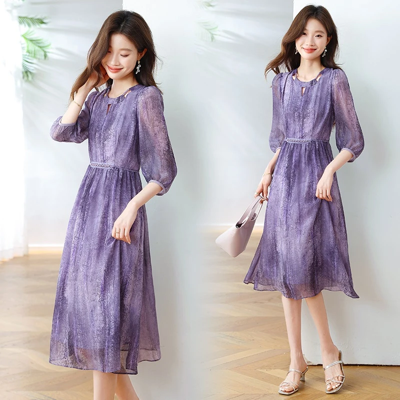 雪纺连衣裙女夏季轻奢高级感独特漂亮巨好看收腰遮肚子显瘦裙子