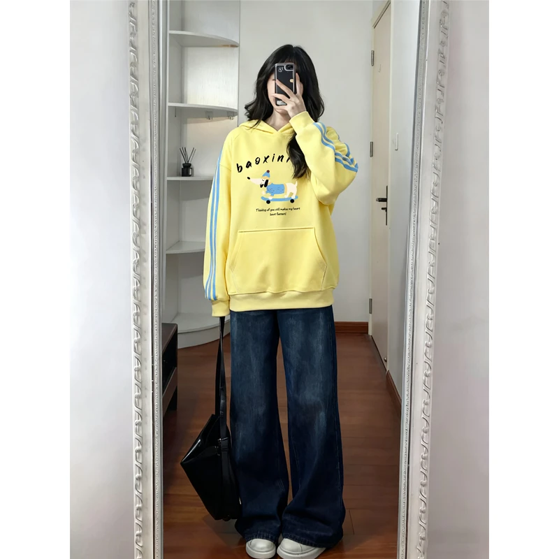 嫩黄色连帽三条杠卫衣女2025秋冬季加绒加厚宽松大码设计感外套潮