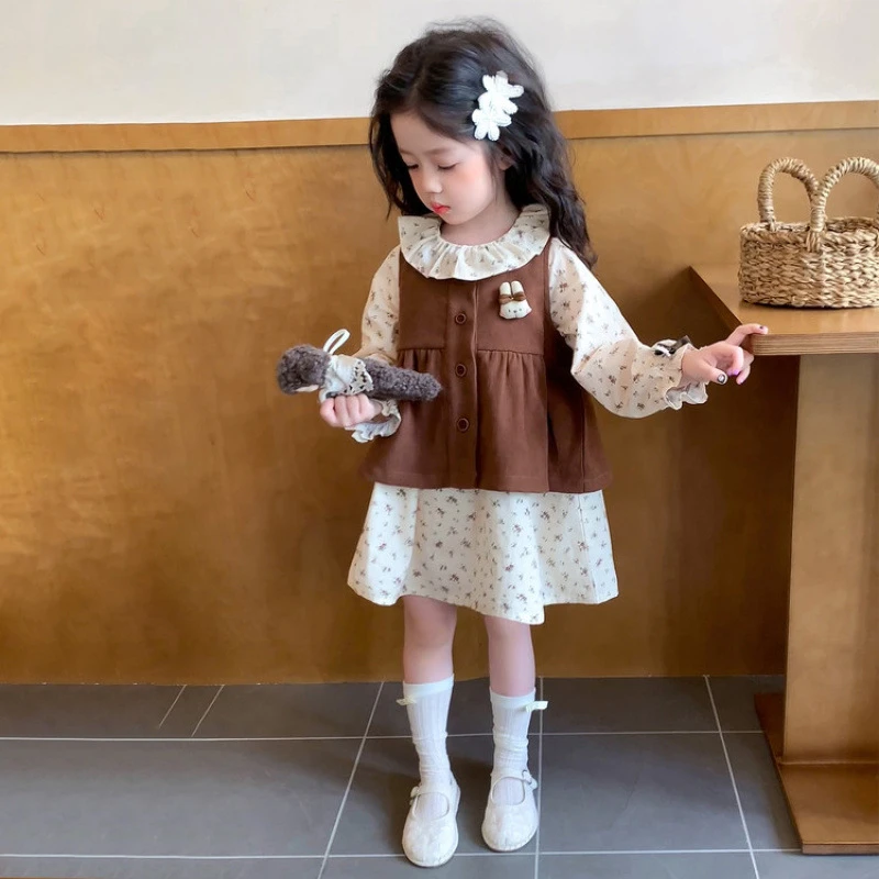 女童碎花马甲裙秋装2025新款女宝韩版洋气假两件公主风连衣裙