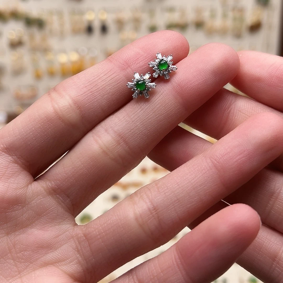 银S925镀金镶嵌和田玉耳钉