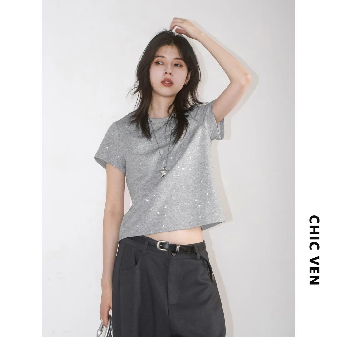 夏季新款韩系重工星星滴塑烫金短袖T恤灰色上衣125QMY0471