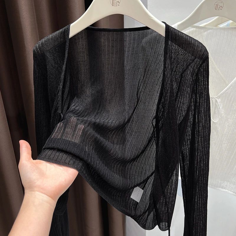 黑色气质高品质轻薄针织系带开衫2025新款简约时尚长袖女装上衣