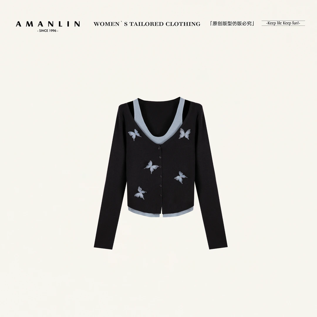 AMANLIN/阿谩琳欧若风假两件撞色V领长开衫女修身显瘦上衣Y599596