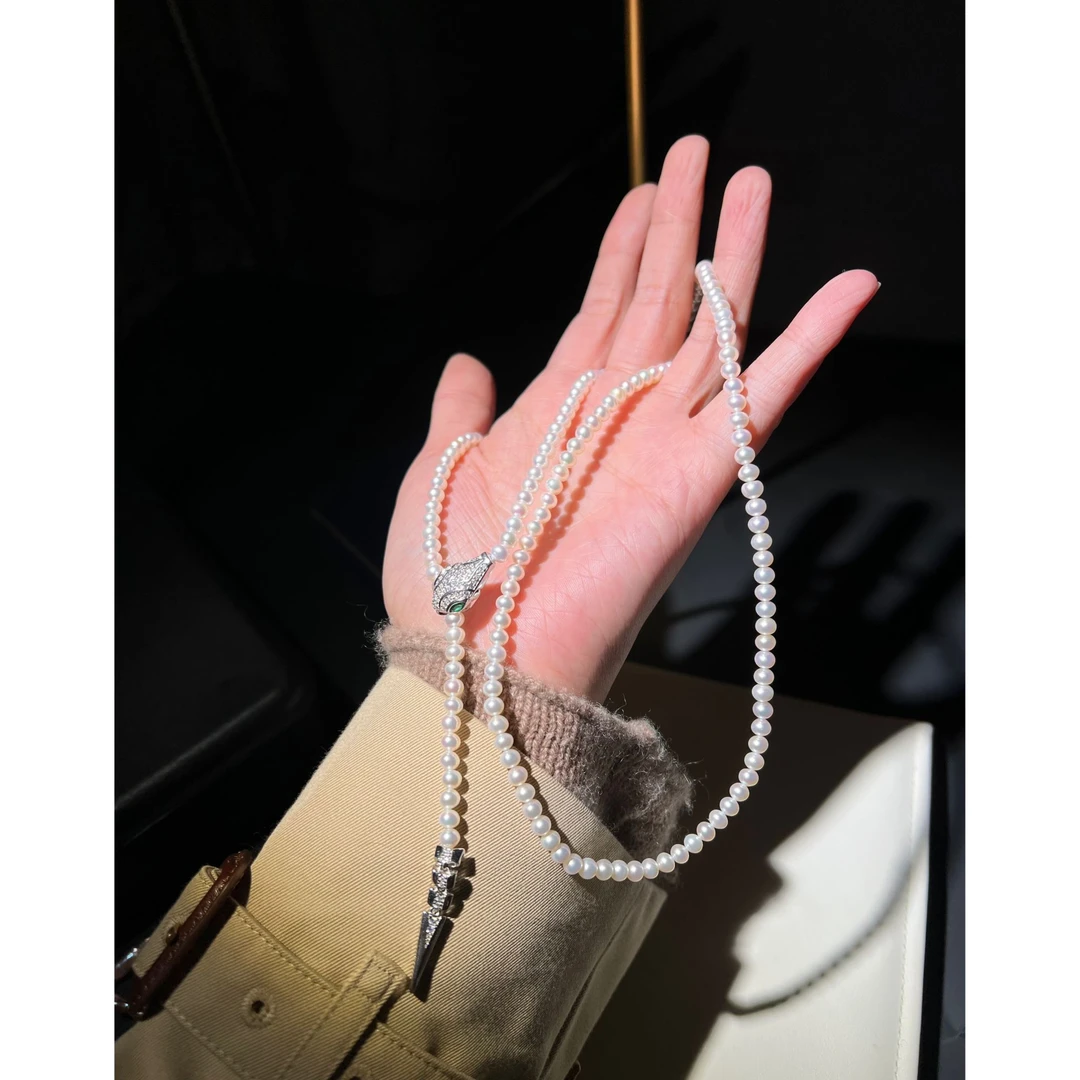 JUNMU本命年灵蛇项链气质百搭毛衣链925银镶嵌强光珍珠长链