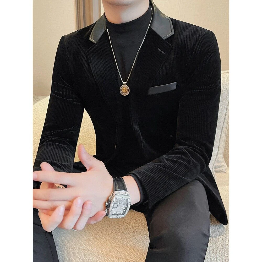 皮领拼接灯芯绒西装外套男秋冬季高级感潮流修身商务休闲条纹西服