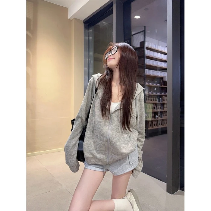 慵懒风复古灰色连帽长袖卫衣外套女秋季休闲开衫宽松百搭拉链上衣