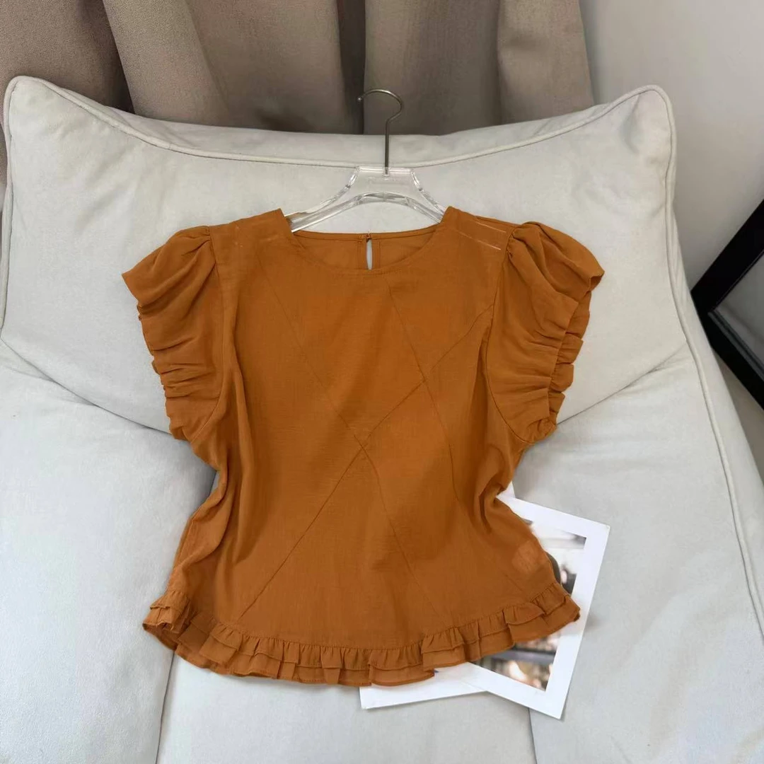 【文艺推荐】2003 新款夏季韩版时尚百搭显瘦荷叶边纯色衬衫