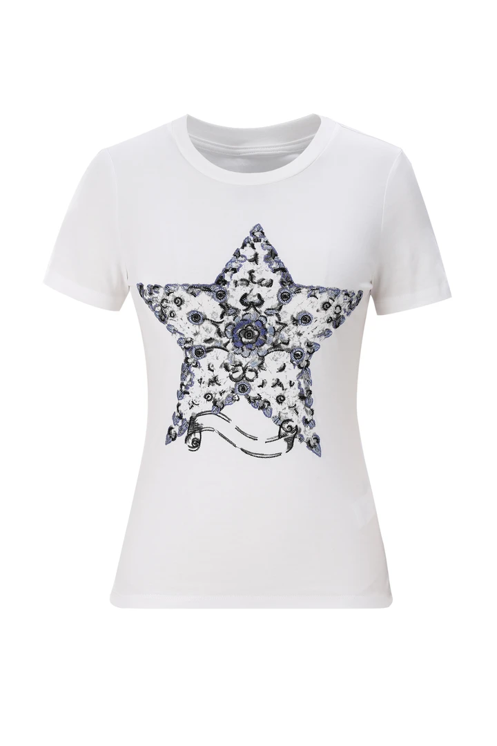 2025夏季新款 白色幸运星刺绣短袖T恤 M57TX71 （0075）