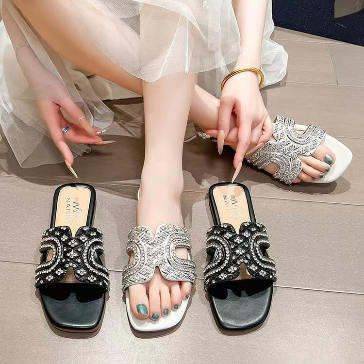 新款软底6263外穿夏季网红水钻平底时尚百搭仙女新中式沙滩拖