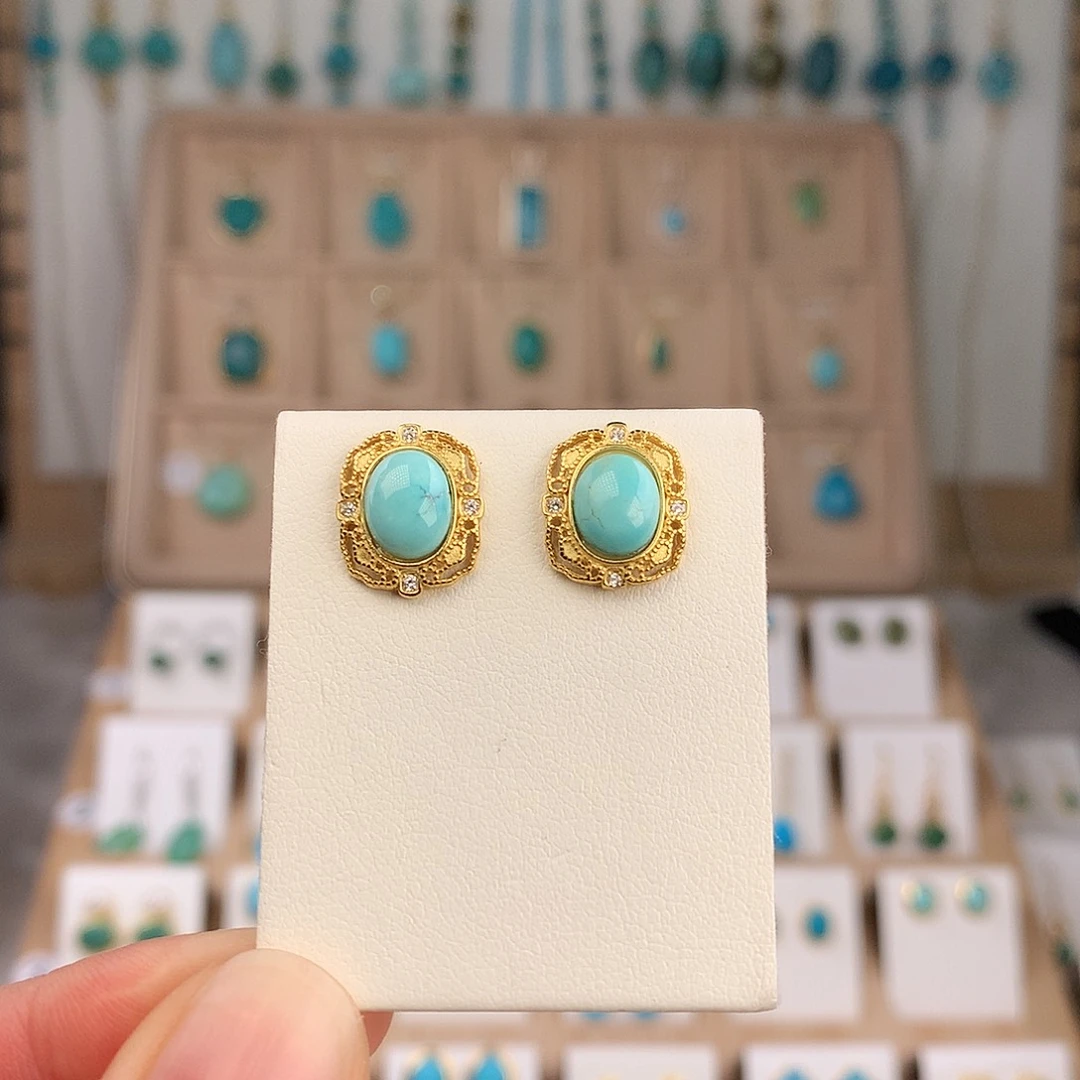 绿松石银S925镶嵌耳饰