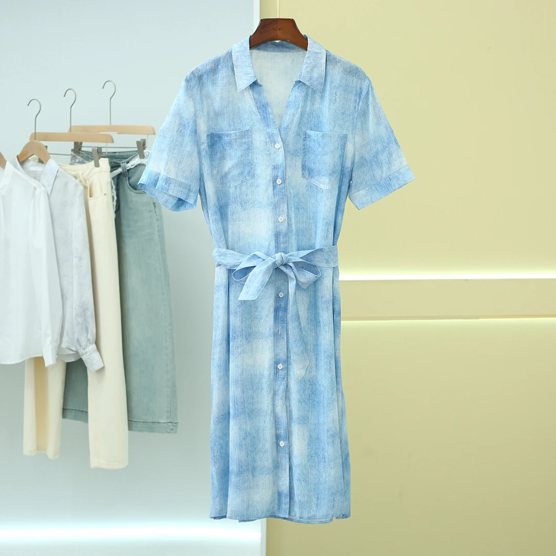 重磅推荐【天空之城】桑蚕丝 晕染色系带真丝衬衫连衣裙862308