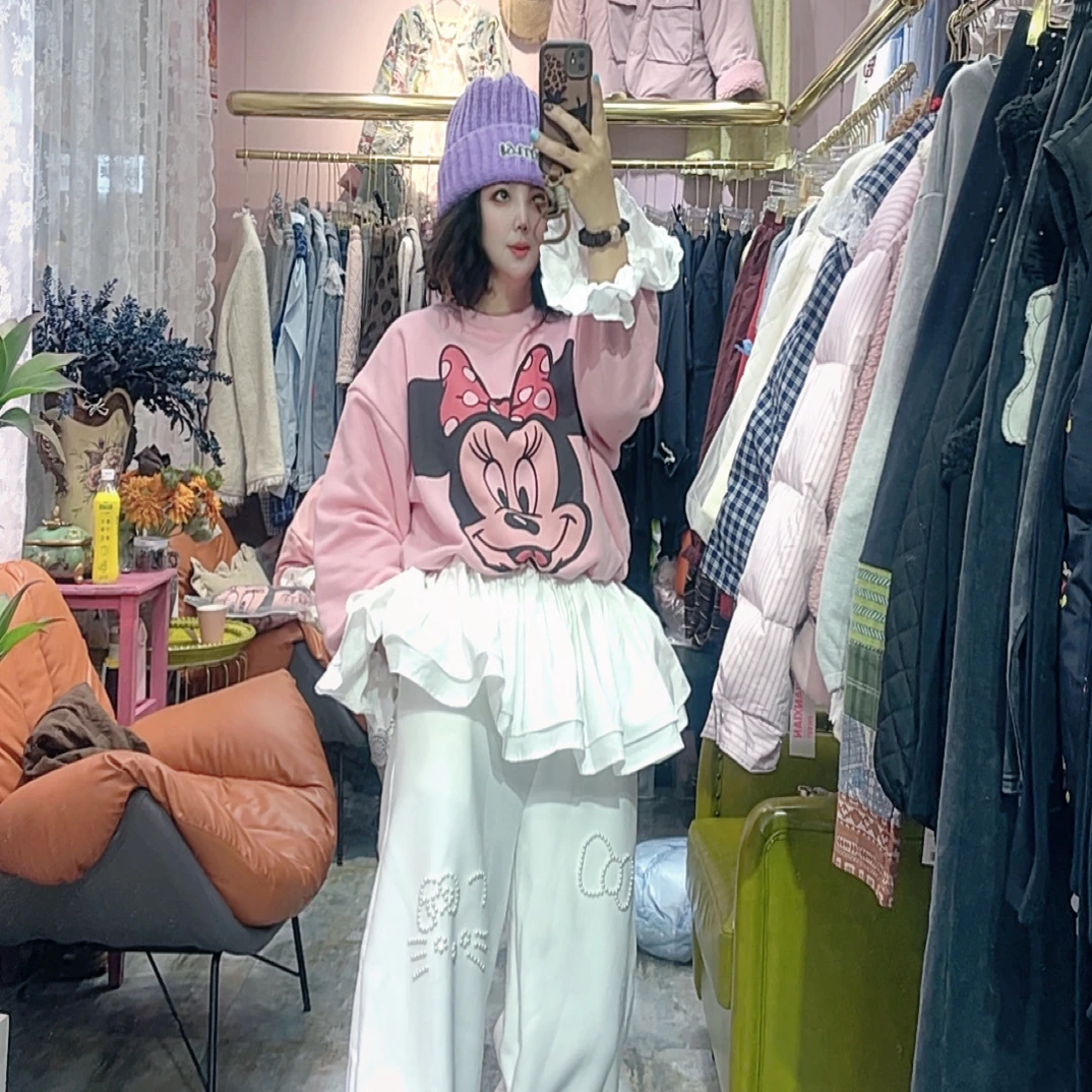 韩版加绒宽松可爱卡通印花秋冬百搭女卫衣