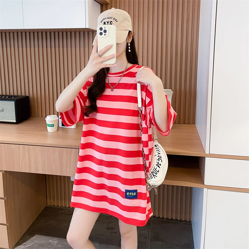 遮屁股上衣欧货大版洋气短袖T恤衫女中长新爆款韩版宽松条纹体恤