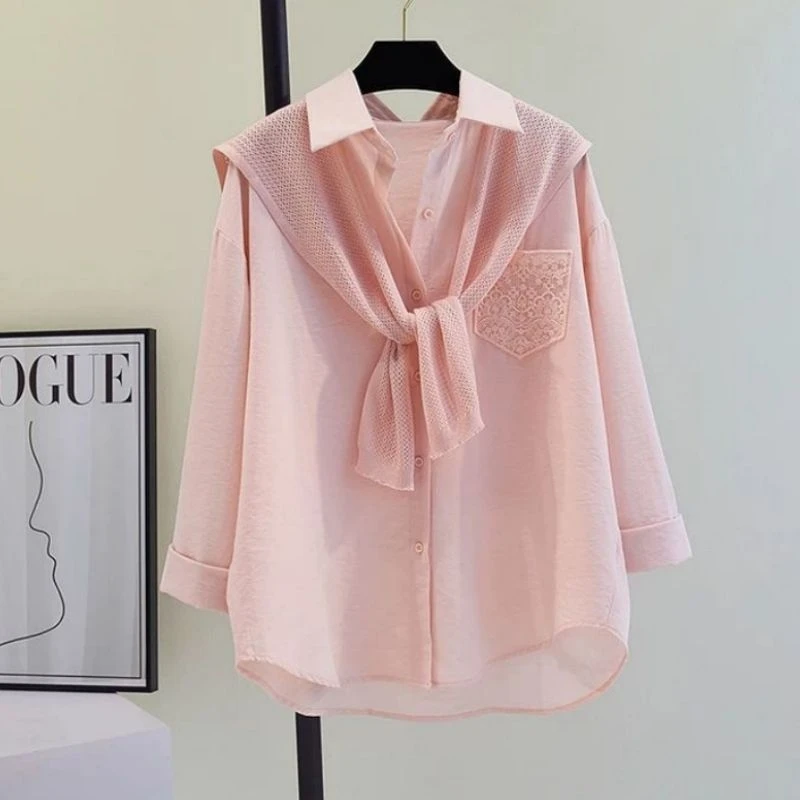 中长款POLO领长袖衬衫女春秋新品薄款外穿衬衣配披肩两件套上衣夏