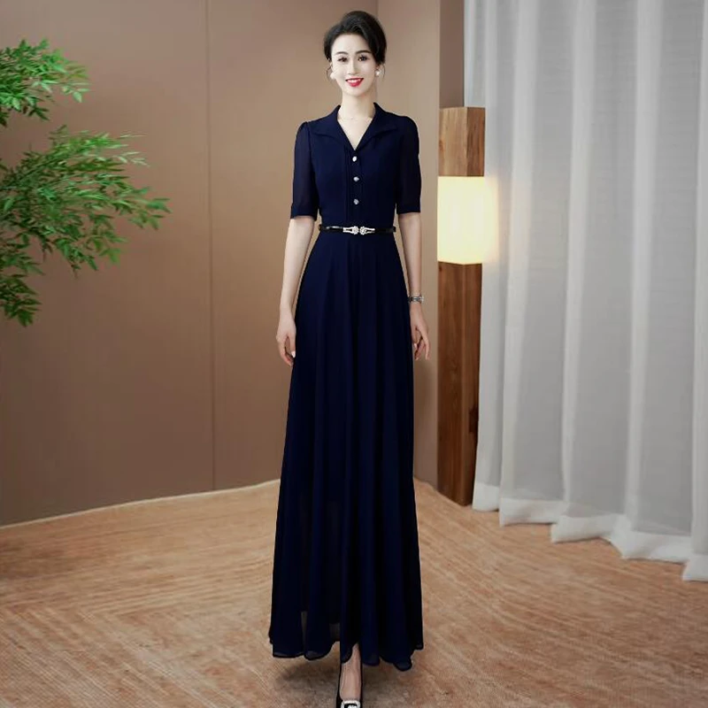 藏蓝色显瘦气质时尚连衣裙2025夏季新款收腰修身名媛风长裙78
