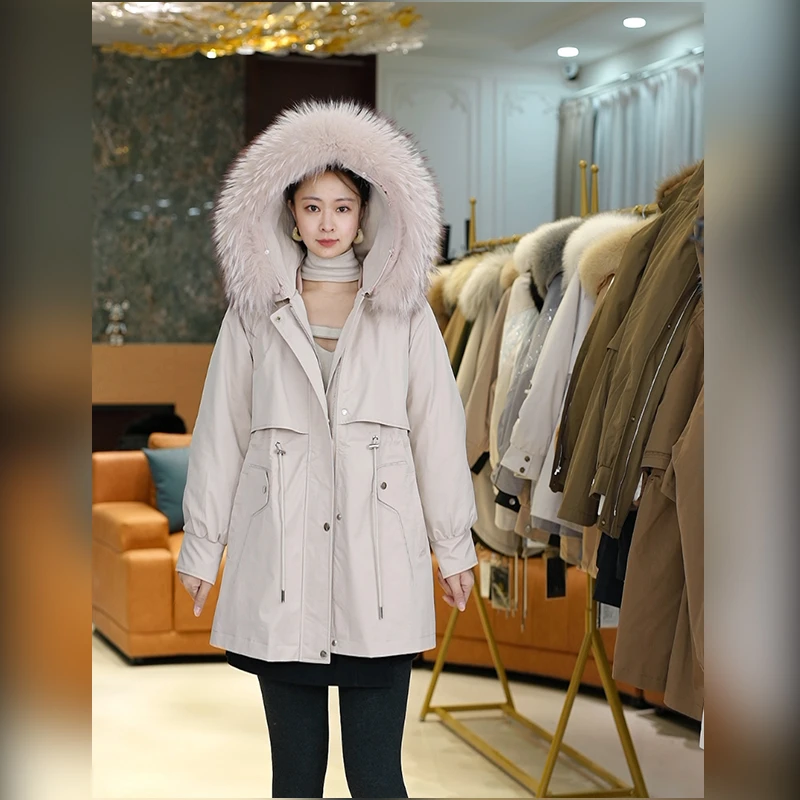 1105【兔毛内胆+貉子毛领】真毛女士时尚休闲连帽冬派克服