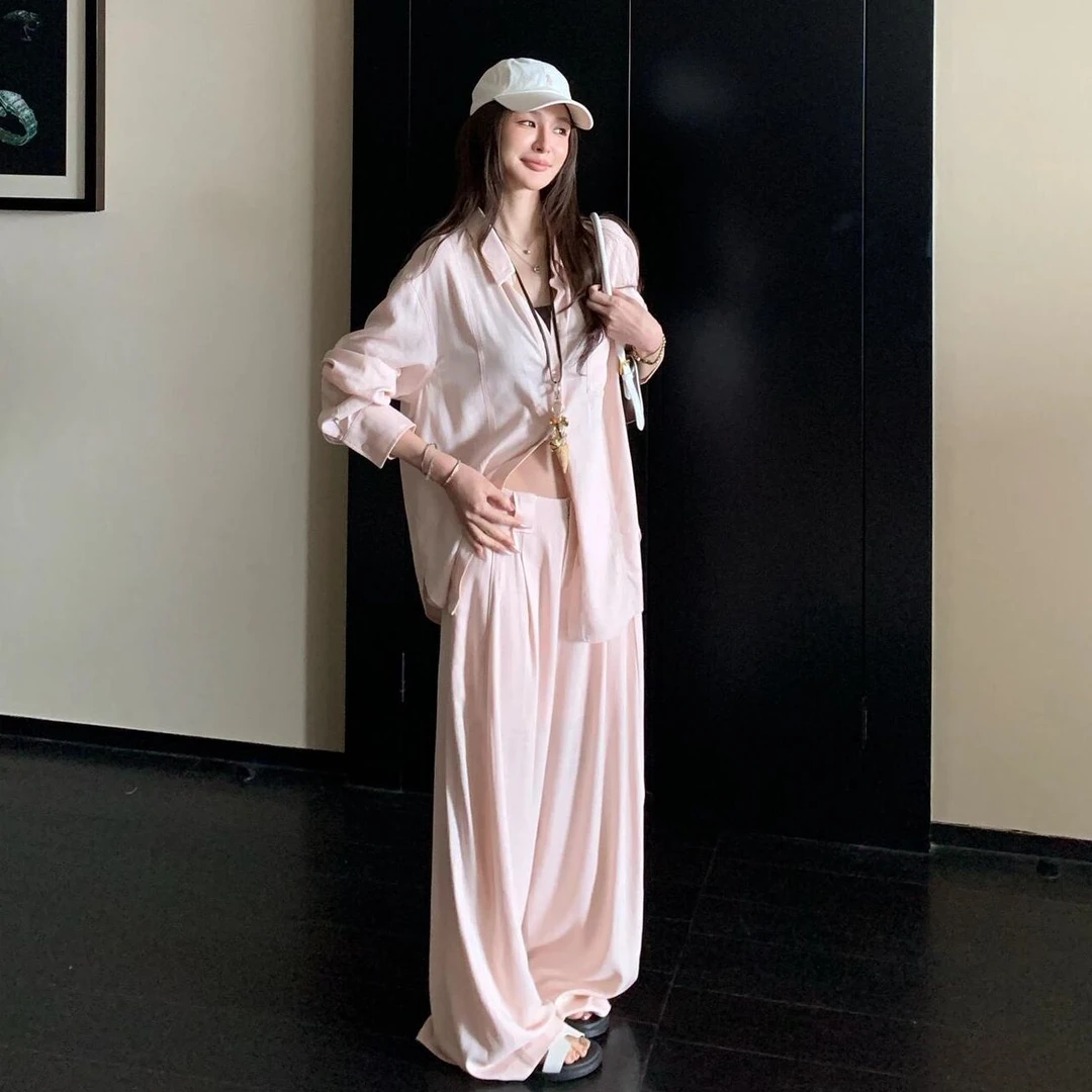 老钱风粉色可外穿凉感睡衣女夏季2025新款大码长袖长裤家居服套装