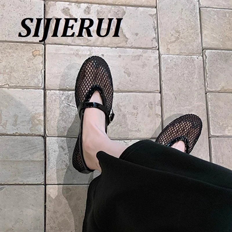 SIJIERUI真皮镂空网面凉鞋女2025年夏季一字扣带圆头平底浅口单鞋