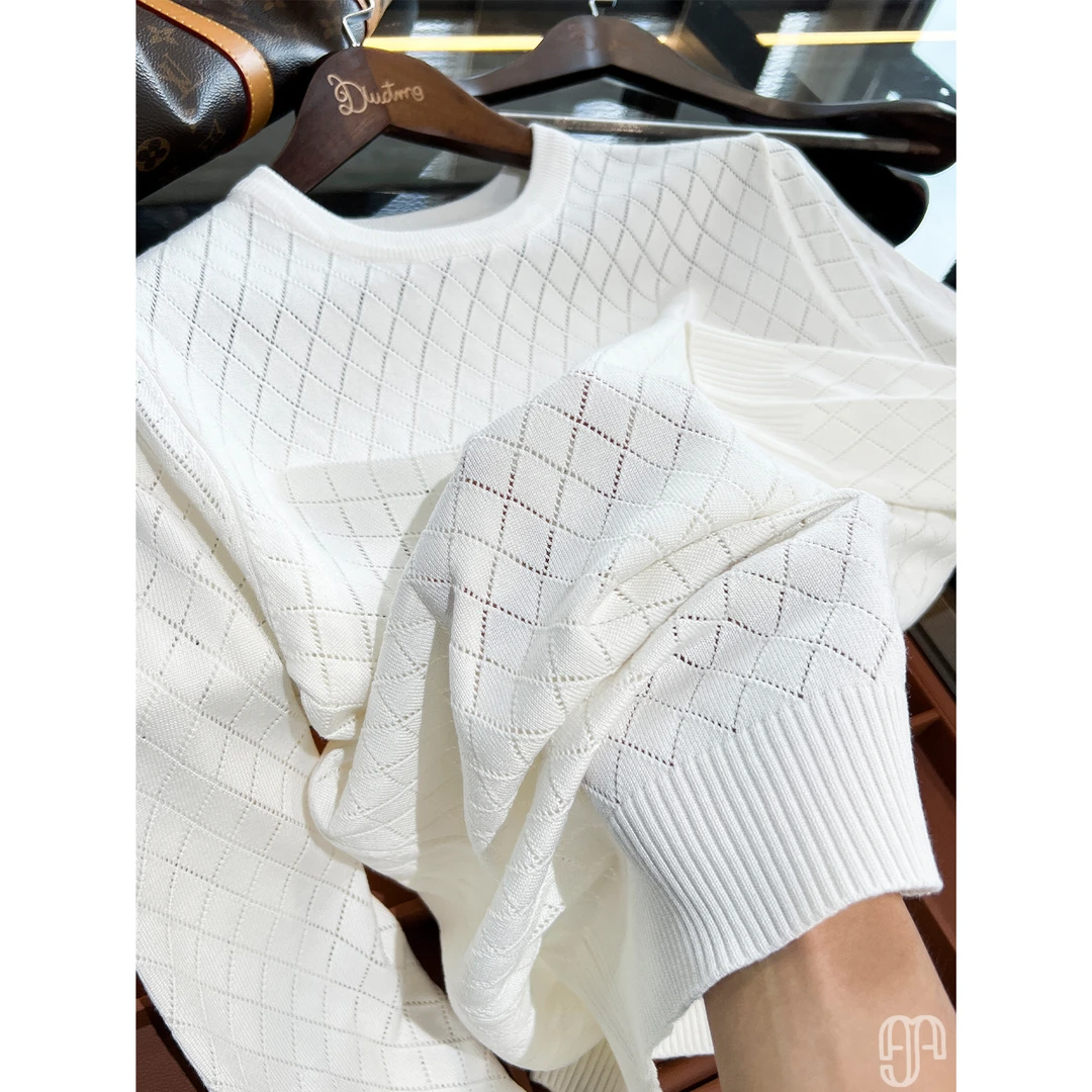L P精品~zhuan柜品质！镂空提花白色毛衣针织衫男长袖早秋季薄款
