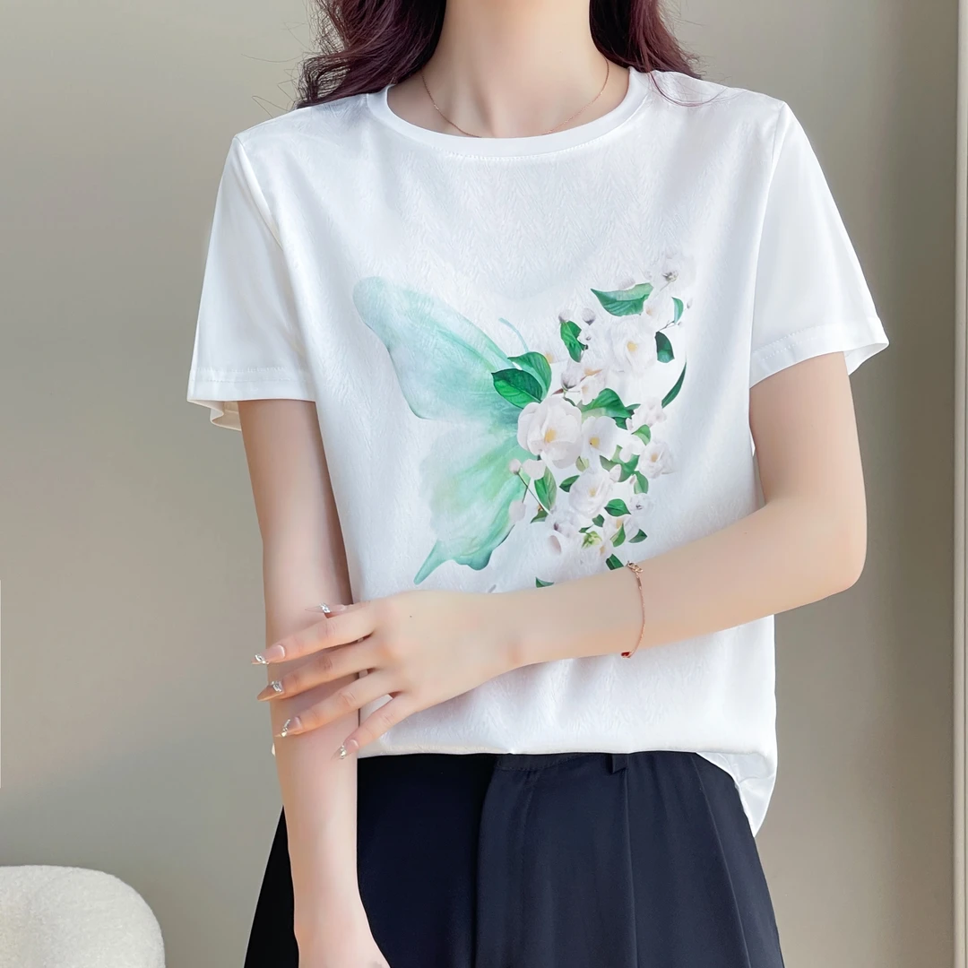 1338夏滑缎面冰凉感百搭时尚印花休闲女半袖T恤洋气AB拼接短袖