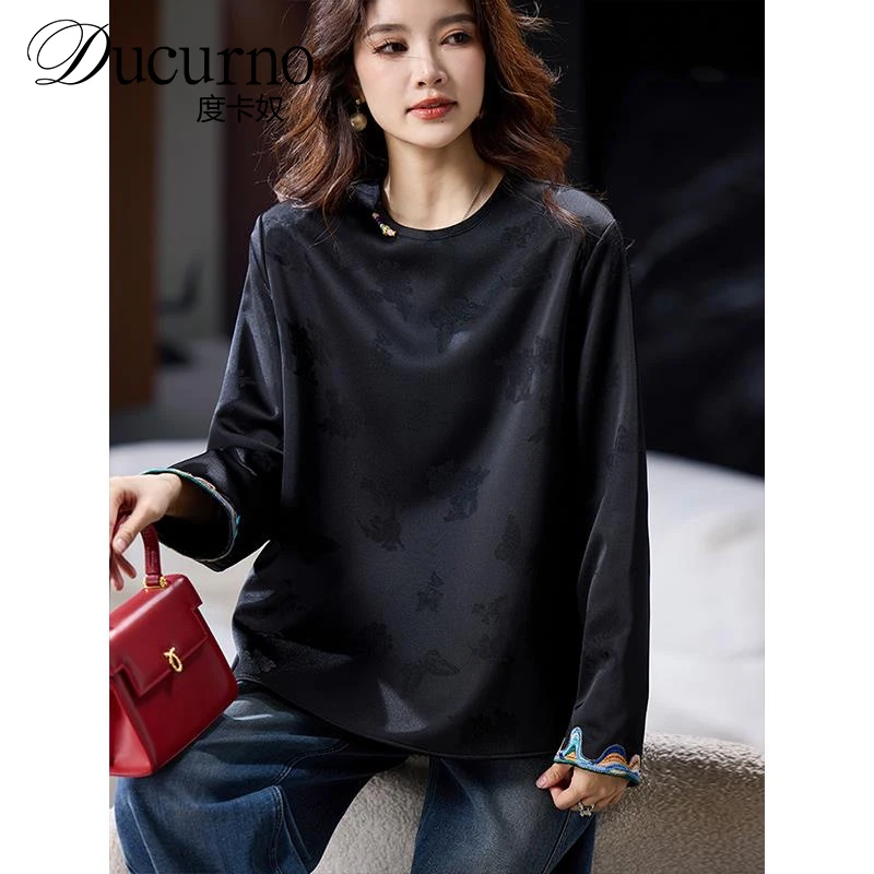 复古刺绣提花t恤女早春年新款新中式上衣时尚大码女装潮潮流2025