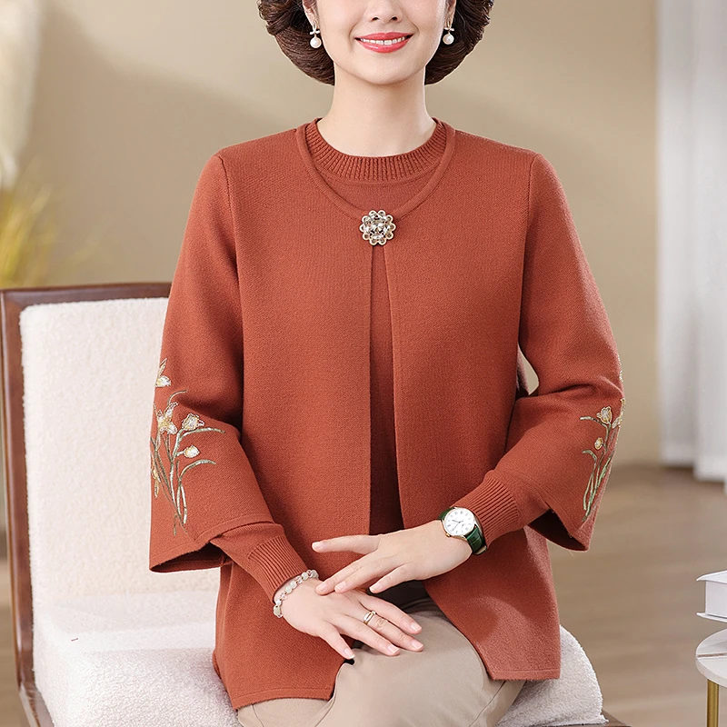刺绣宽松大码洋气减龄中老年妈妈装针织两件套显瘦套装上衣