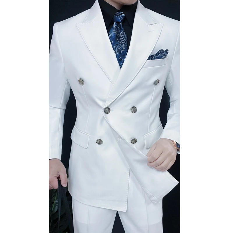 26年面料四季新款纯白色西服西装套装TR纹理双排扣西服修身男士