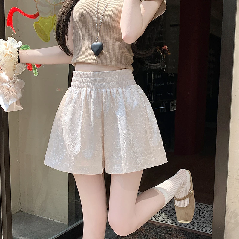 2025夏季新款高级醋酸锻面亲肤面料小个子短裤百搭高腰短裤阔腿裤