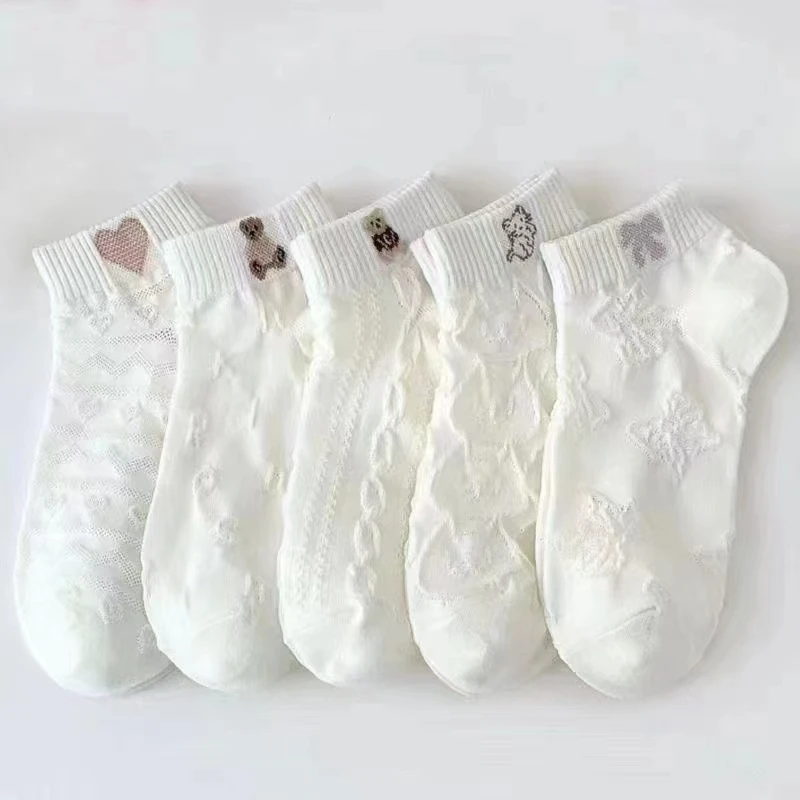 【2.01福利！5双】百搭小熊袜子5双卡通熊短袜白色短袜夏季时尚袜子