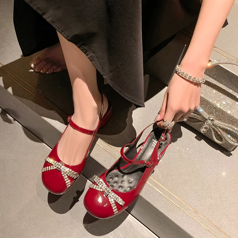 轻奢鞋子夏季时尚百搭仙女风粗跟高跟鞋，甜美圆头水钻蝴蝶结，