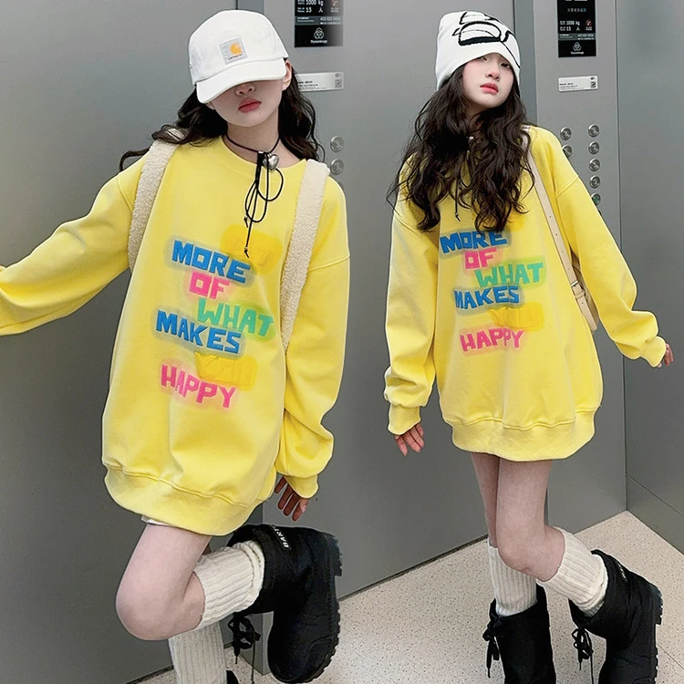 女童春秋新款2025时尚韩版长款休闲春季三色印花卫衣