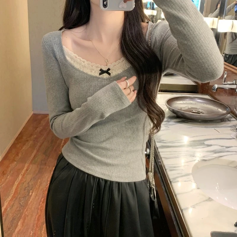 蕾丝拼接打底T恤女秋冬韩版款内搭长袖上衣ins