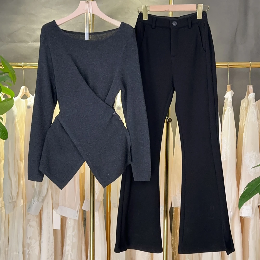 【RG5233】显瘦气质长袖网红针织时尚开叉修身高腰休闲百搭黑色套装