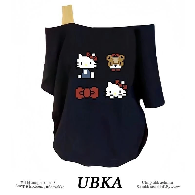 【UBKA】美式甜妹印花斜肩短袖T恤女夏季设计感宽松显瘦露肩上衣ins