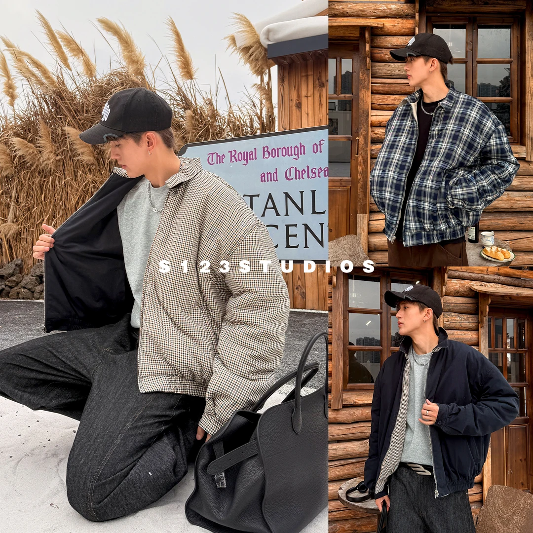 美式复古双面穿哈灵顿夹克秋冬翻领拼接撞色宽松休闲外套男8258