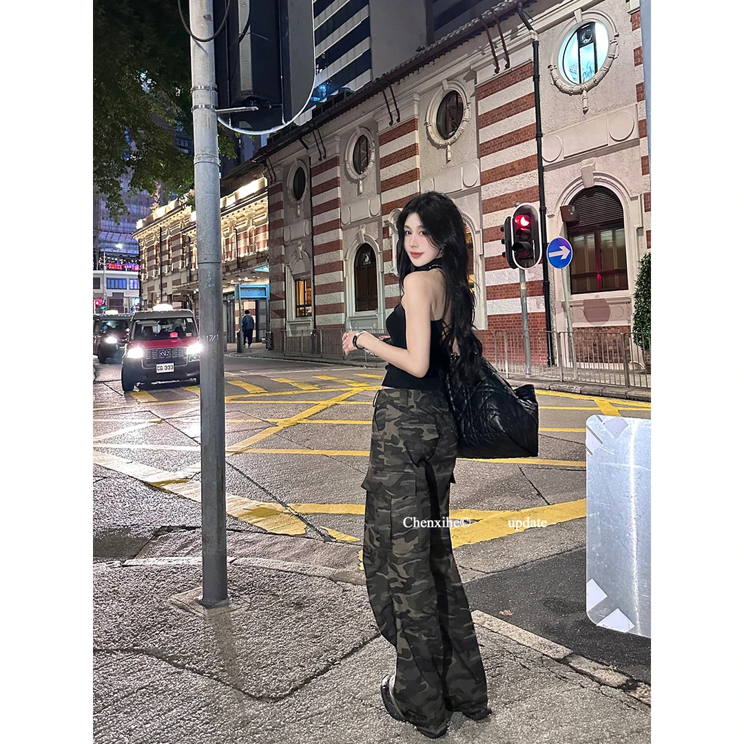 何晨曦 复古迷彩口袋阔腿工装裤女美式辣妹高腰显瘦长裤T0234K