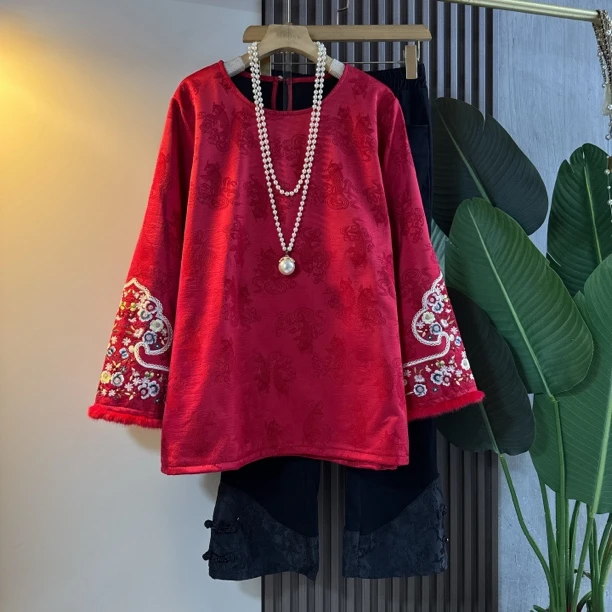 新中式轻奢国风刺绣加绒提花双鱼大衫大码女装时尚复古民族风上衣