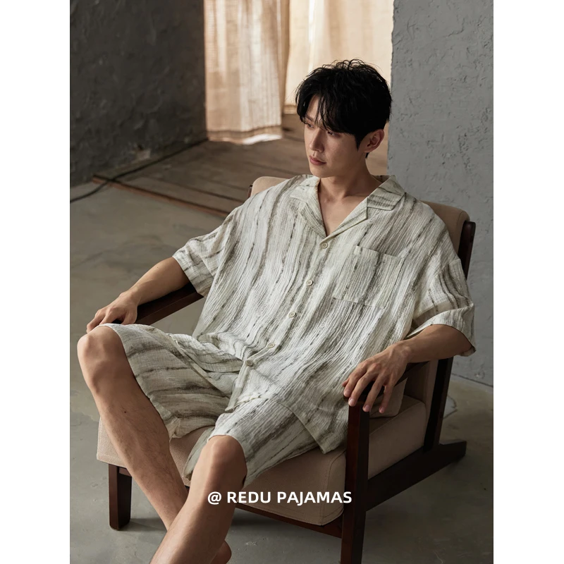 热妒睡衣男夏纯棉纱条纹短袖短裤可外穿夏天男士青年家居服套装