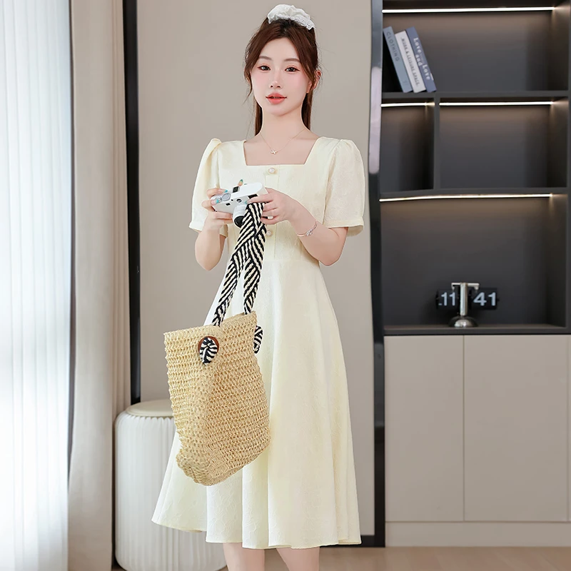 大码赫本风高端提花方领连衣裙夏季法式气质显瘦仙女长裙9268