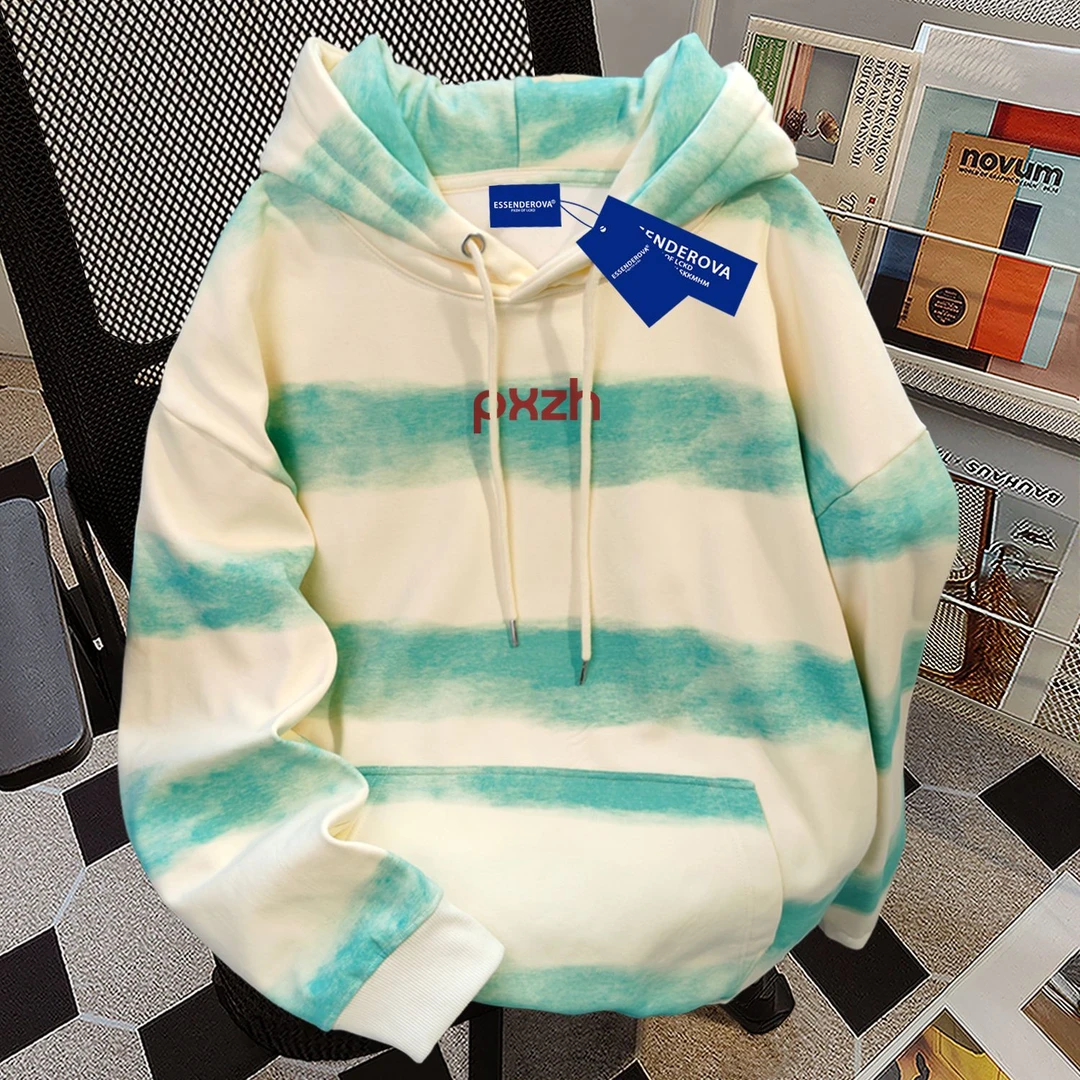 美式个性复古chic扎染横条连帽卫衣男女秋冬加绒加厚宽松显瘦上衣